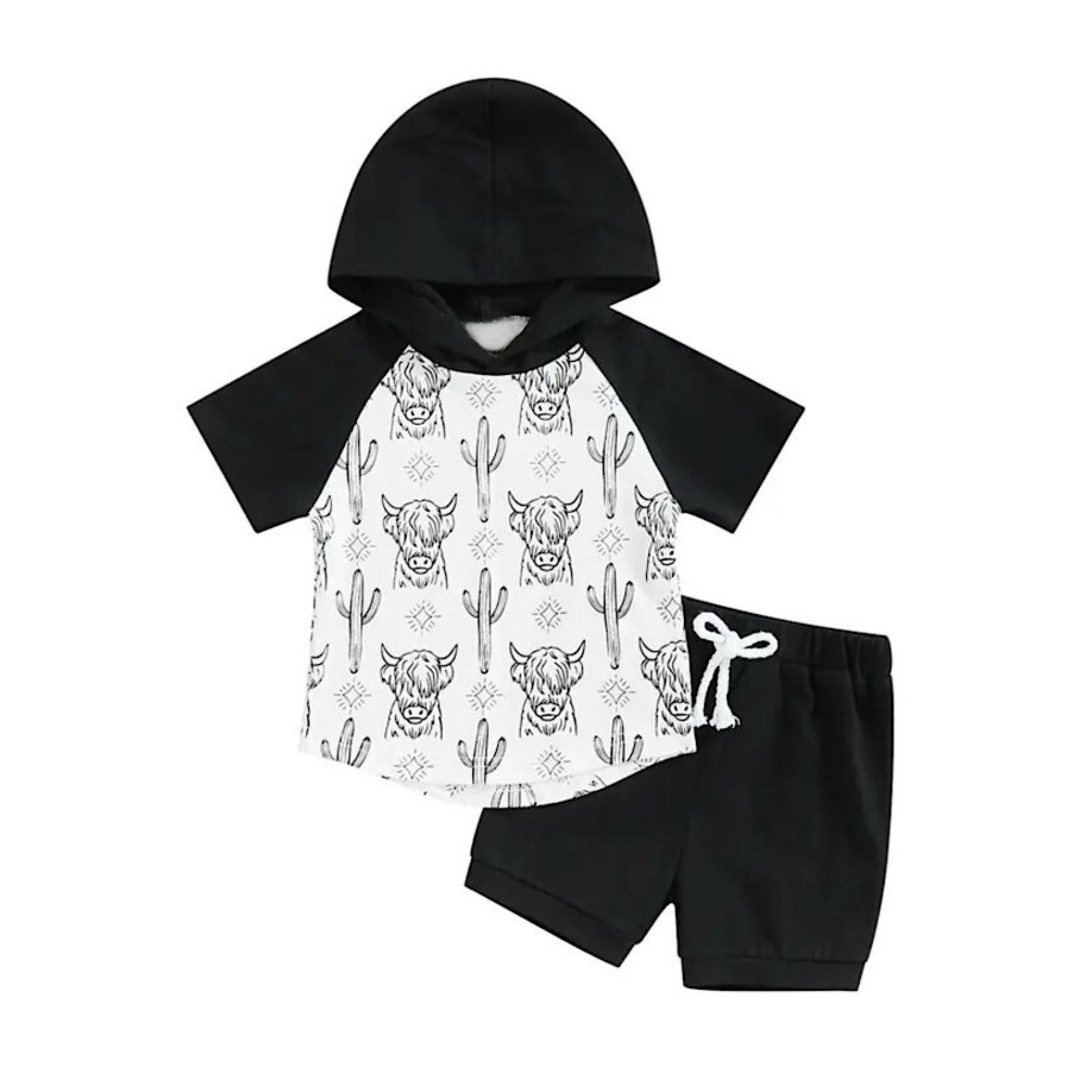 Boys Western Clothes Cactus Bull Short Sleeve Hooded Top Shorts Set, Front