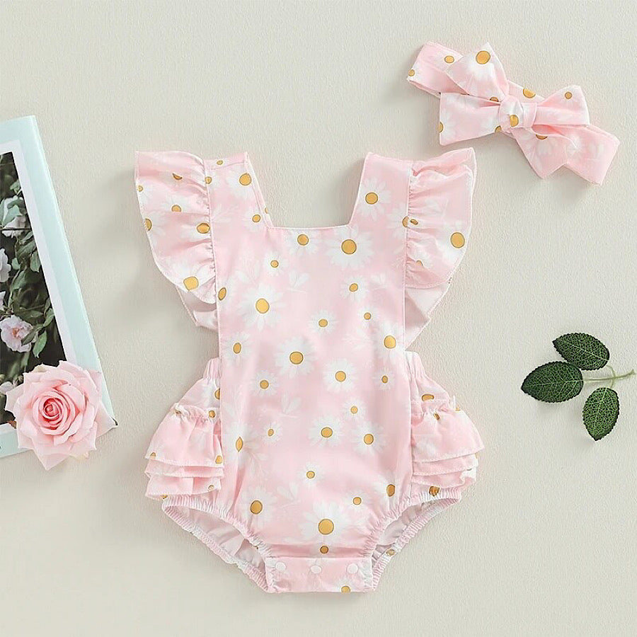 Baby Girl Pink or Blue Floral Print Summer Ruffled Romper and Headband, Main Image