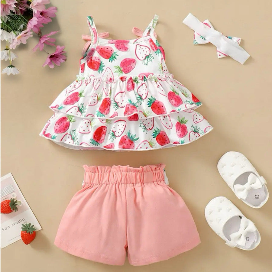 Baby Toddler Girls Strawberry Print Sleeveless Top and Belted Shorts, Front