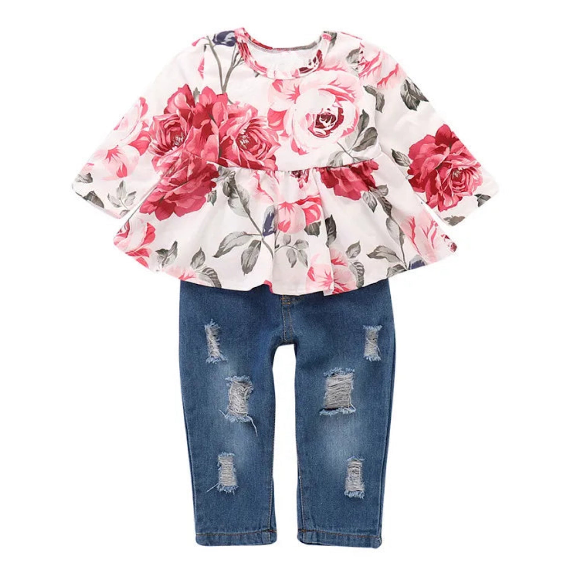 Baby and Toddler Girls Floral Print Long Sleeve Top and Ripped Jeans, Model
