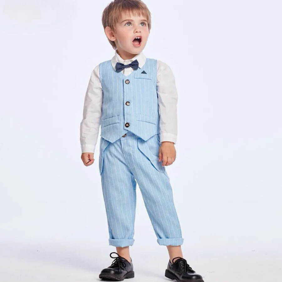 Baby Toddler Boys 4PC Suit Shirt with Bow Tie Striped Vest and Pants, Model One