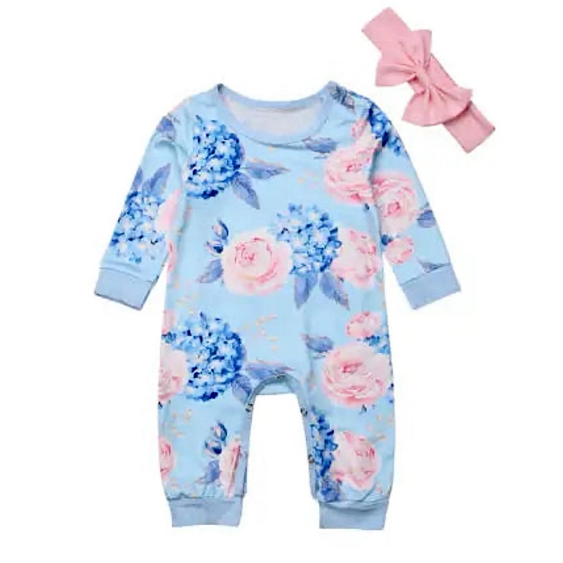 Baby Girls Blue Floral Print Long Sleeve Romper Jumpsuit with Bow, Main Image