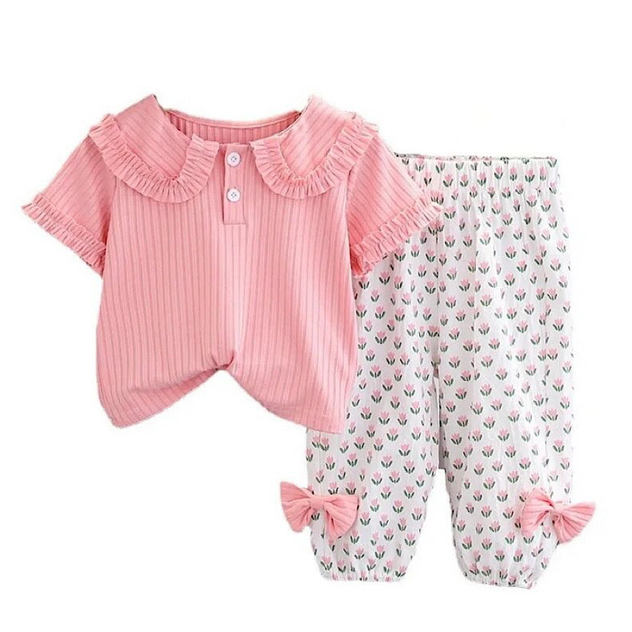 Girls Pink Ruffled Collar Short Sleeve Top and Bow Floral Pants Set, Front