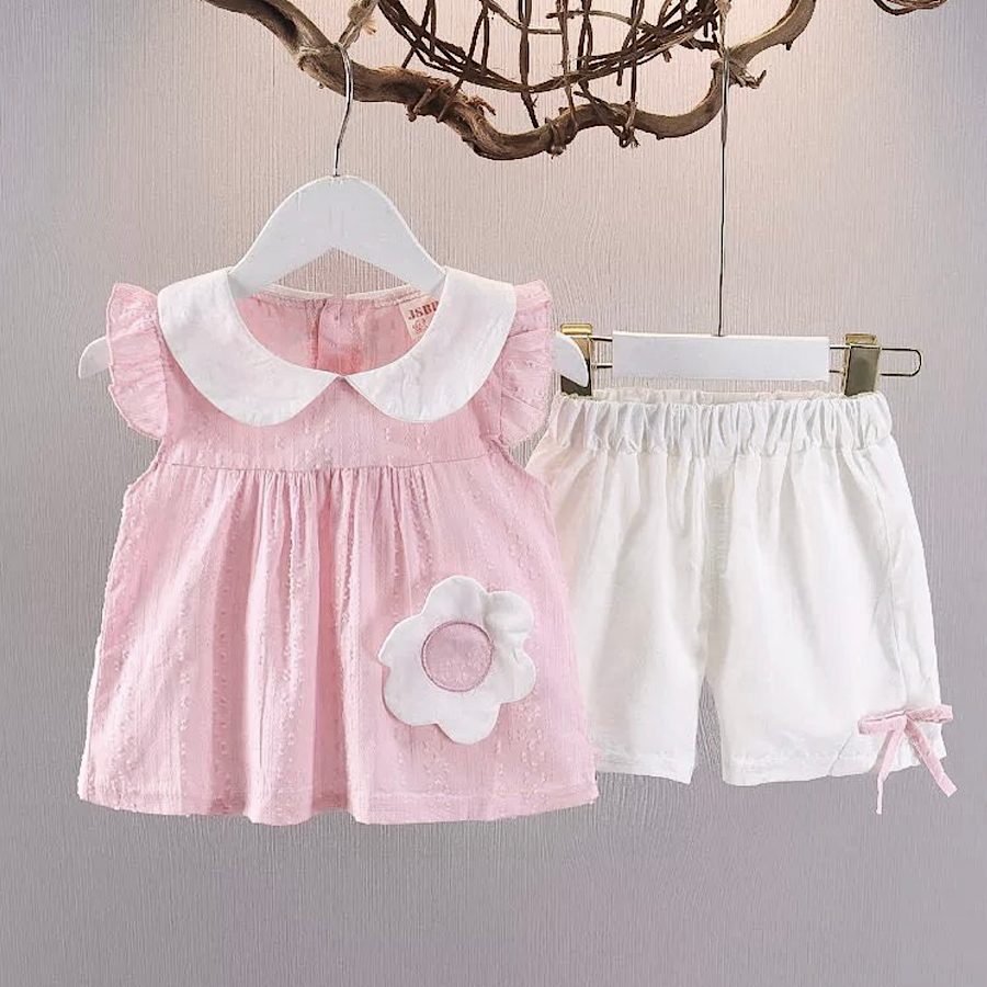 Girls Pink Outfit Ruffled Sleeve Large 3D Flower and Shorts 2pc Set, Front