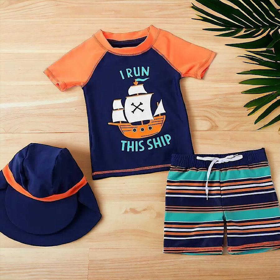 Boys 3PC Swimsuit Short Sleeve Top Striped Shorts and Hat Set, Color