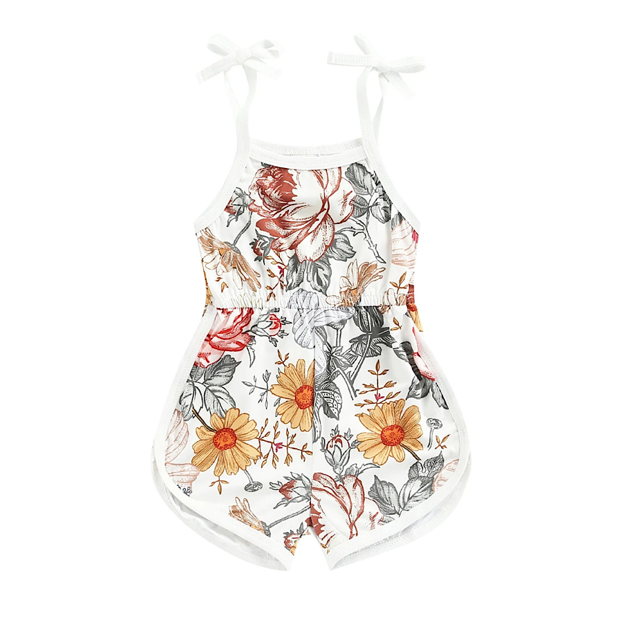 Toddler Girls Floral Print Jumper Sleeveless Bow Strap Romper Outfit, Main Image