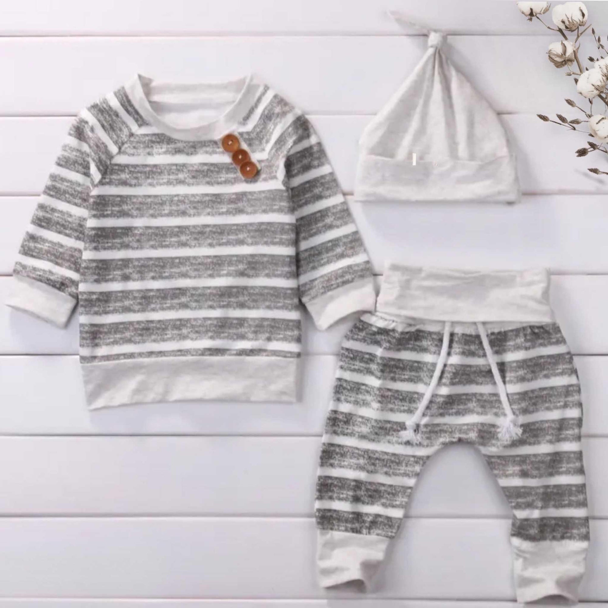 Baby Boy Gray and White Striped Top Pants and Hat Clothing Set, Color