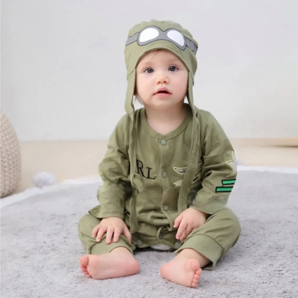 Baby Boys Pilot Aviator Army Green Long Sleeve Jumpsuit and Hat Bling Bling Baby Boutique