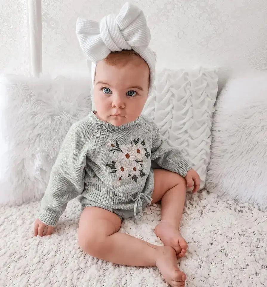 Baby Girl Knit Bow Floral Embroidered Long Sleeve Sweater Romper Bling Bling Baby Boutique