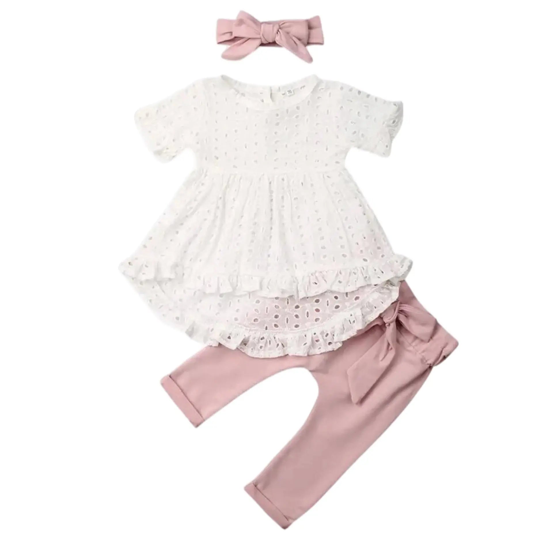Baby Girls Hollowed White Eyelet Top Belted Pants and Headband, Color