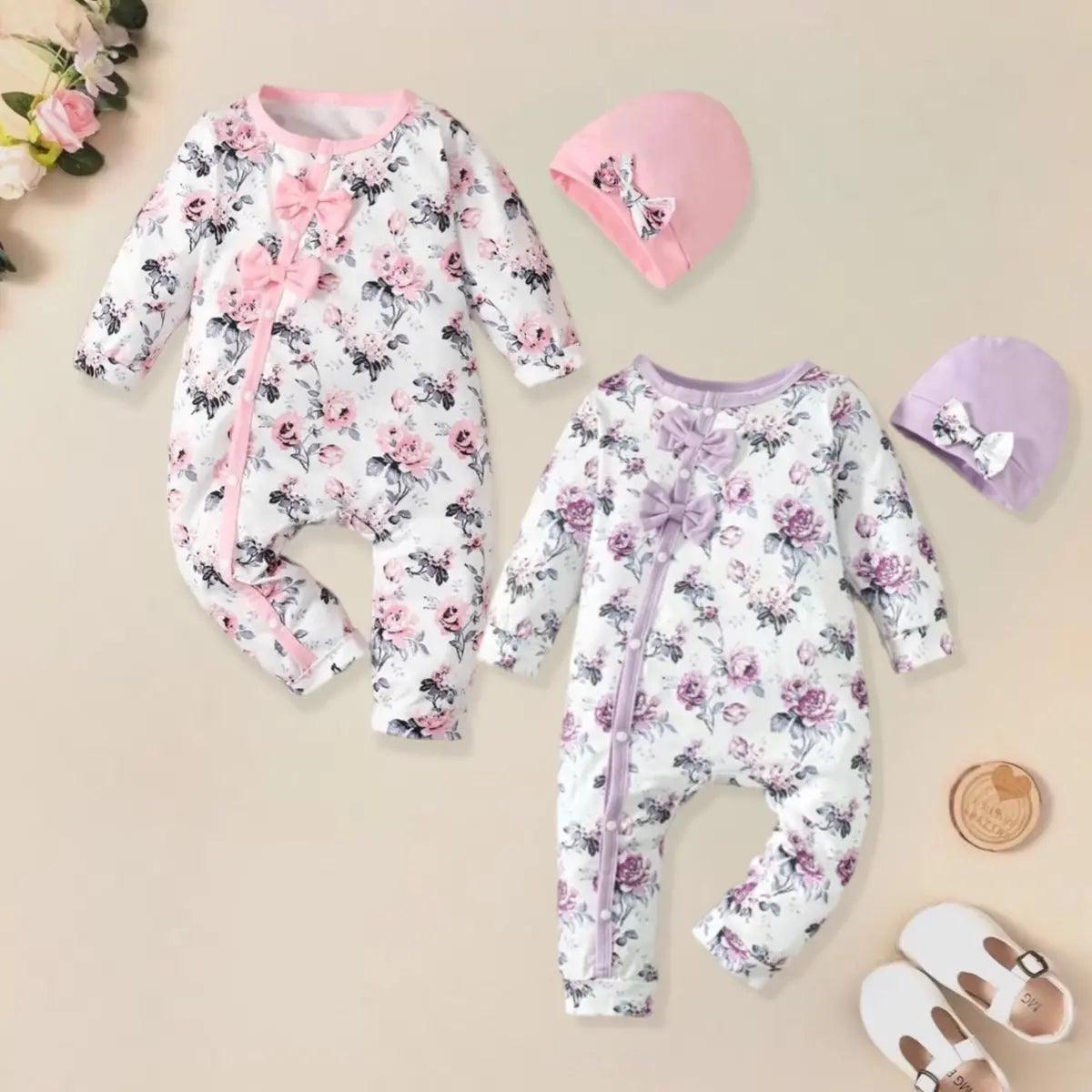 Baby Girls Long Sleeve Floral Print Romper and Hat Set Bling Bling Baby Boutique