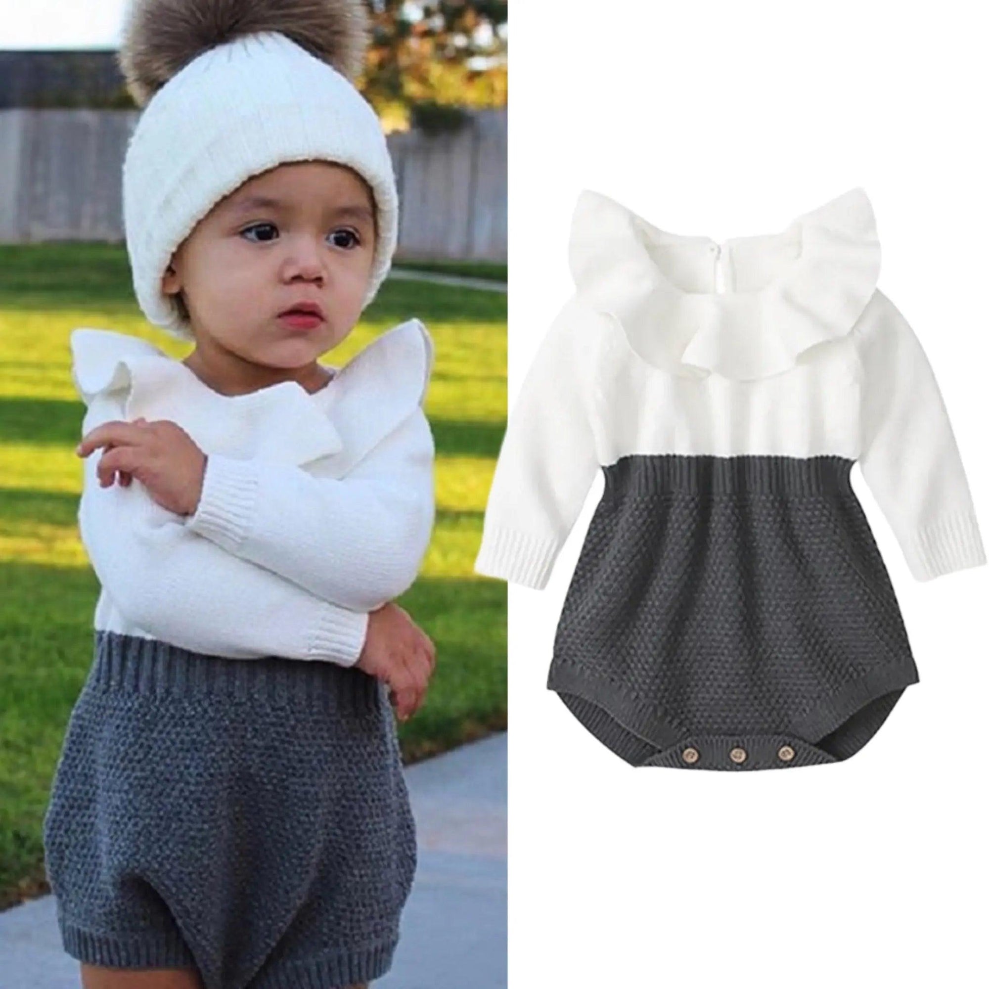 Baby Girls Long Sleeve Knit Gray and White Sweater Romper Bling Bling Baby Boutique