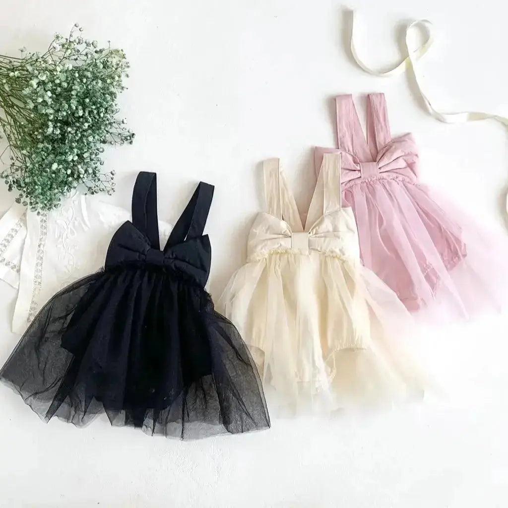 Baby Girls Summer Sleeveless Big Bow Tulle Layover Romper Bling Bling Baby Boutique