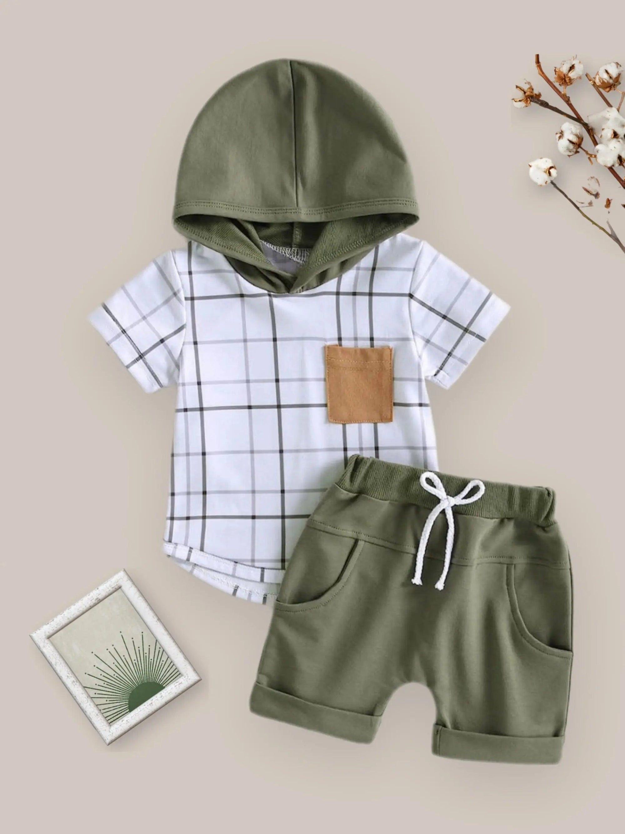 Baby Toddler Boys Short Sleeve Checkered Print Hoodie and Shorts Set, Color