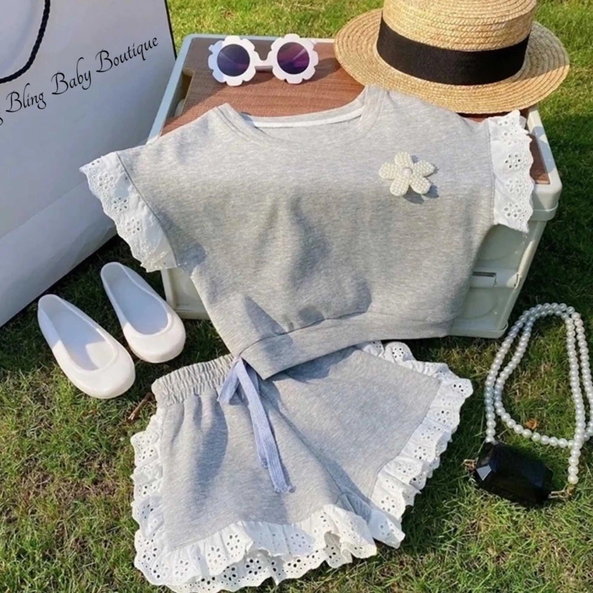 Baby Toddler Girls Gray White Lace Trim Top and Shorts Set Bling Bling Baby Boutique