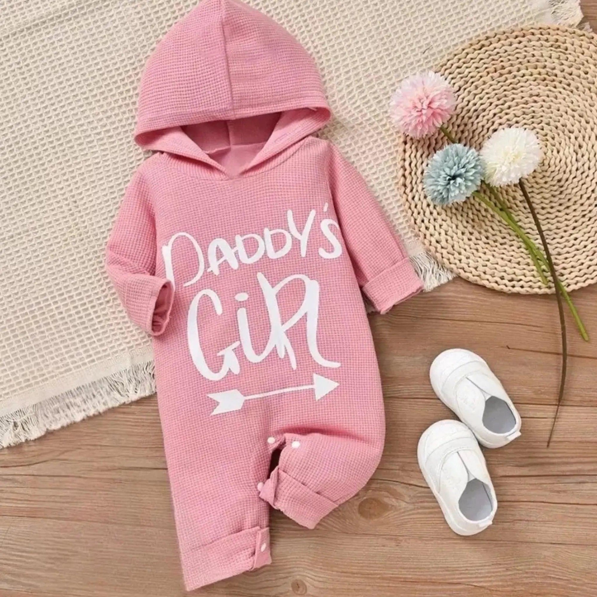 Baby Toddler Girls Hooded Letter Print Daddy's Girl Pink Romper, Front