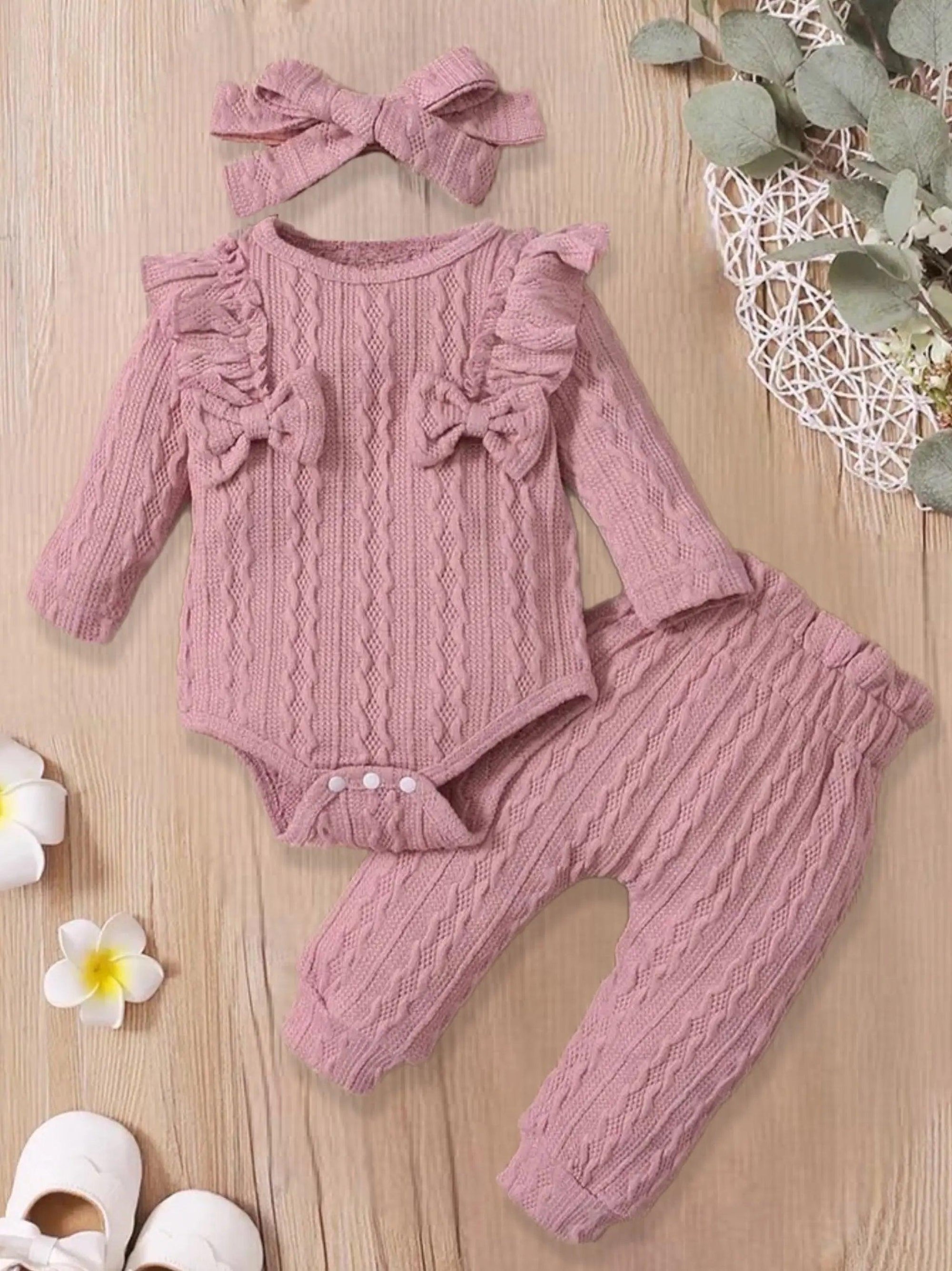 Baby Toddler Girls Knit Long Sleeve Romper Pants and Headband Set, Color