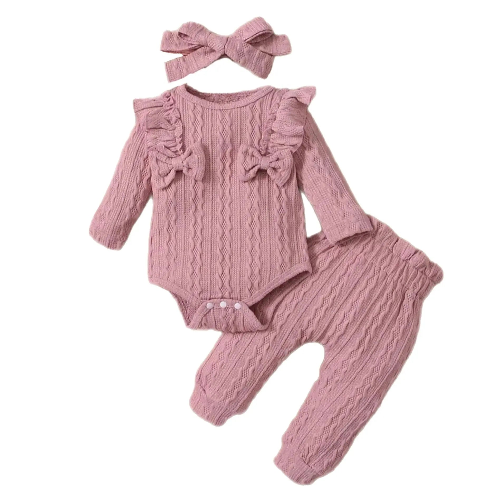 Baby Toddler Girls Knit Long Sleeve Romper Pants and Headband Set, Color
