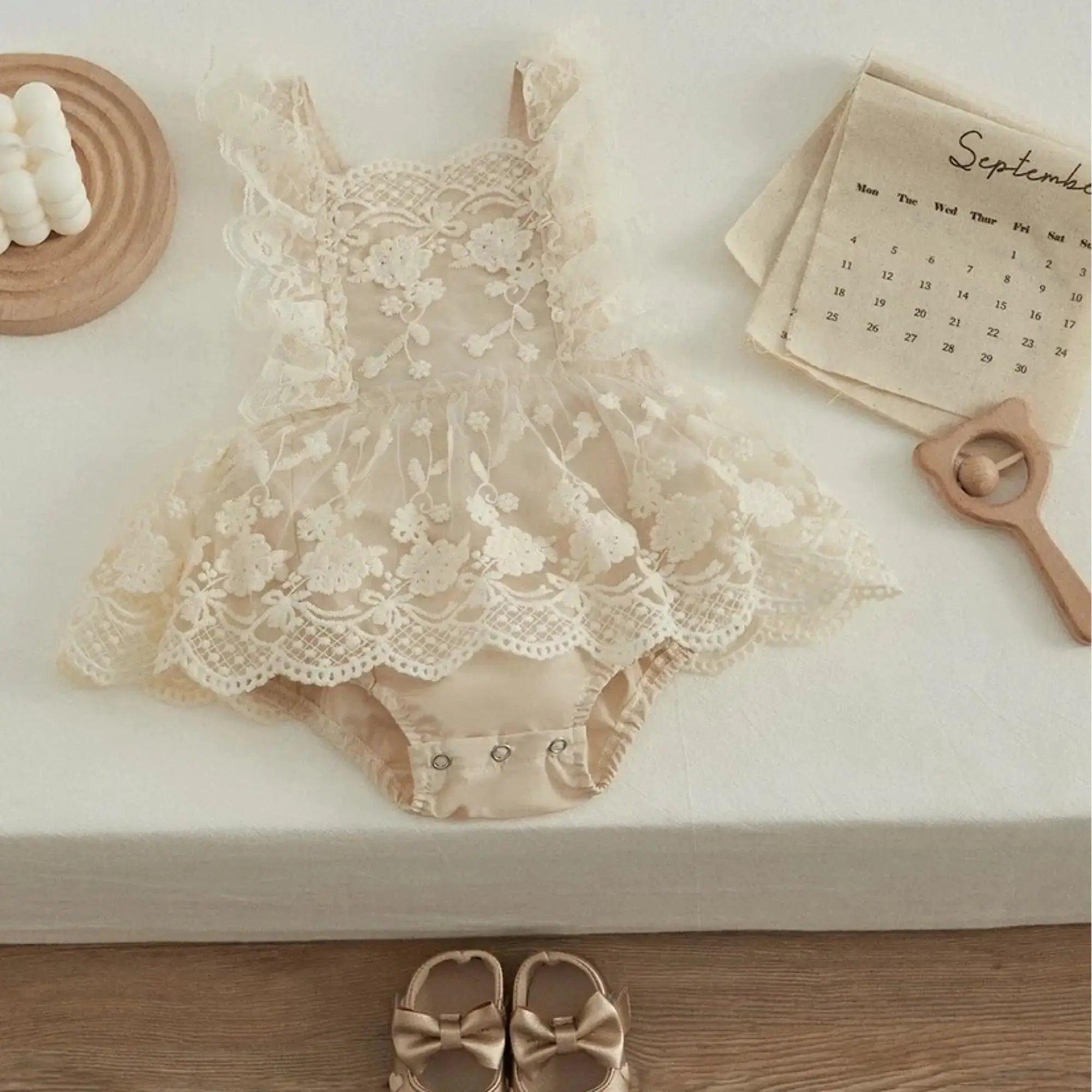 Baby Toddler Girls Lace Ruffled Sleeve Bowknot Summer Romper Bling Bling Baby Boutique