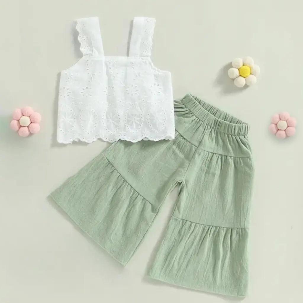 Baby Toddler Girls Lace White Crop Top and Wide Leg Pants Bling Bling Baby Boutique