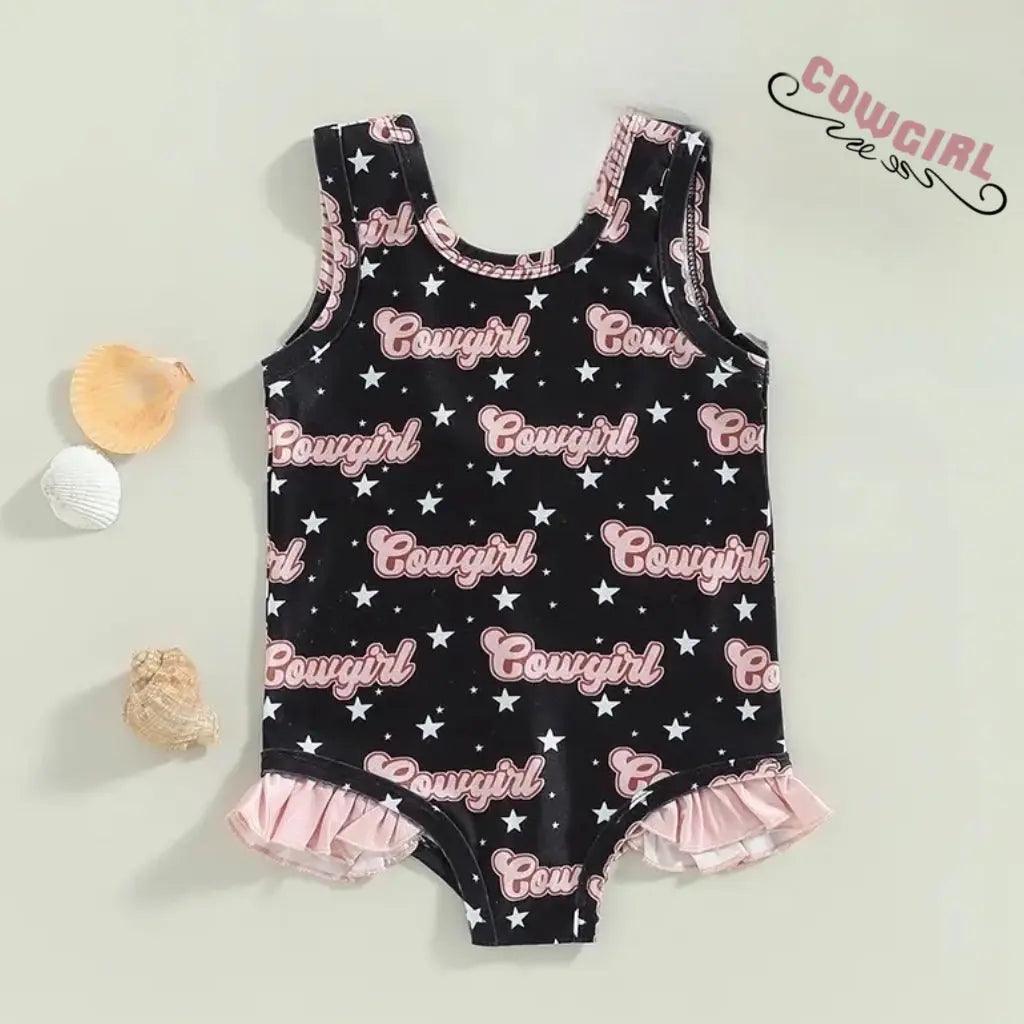 Baby Toddler Girls Pink and Black Ruffled Cowgirl Print Swimsuit Bling Bling Baby Boutique