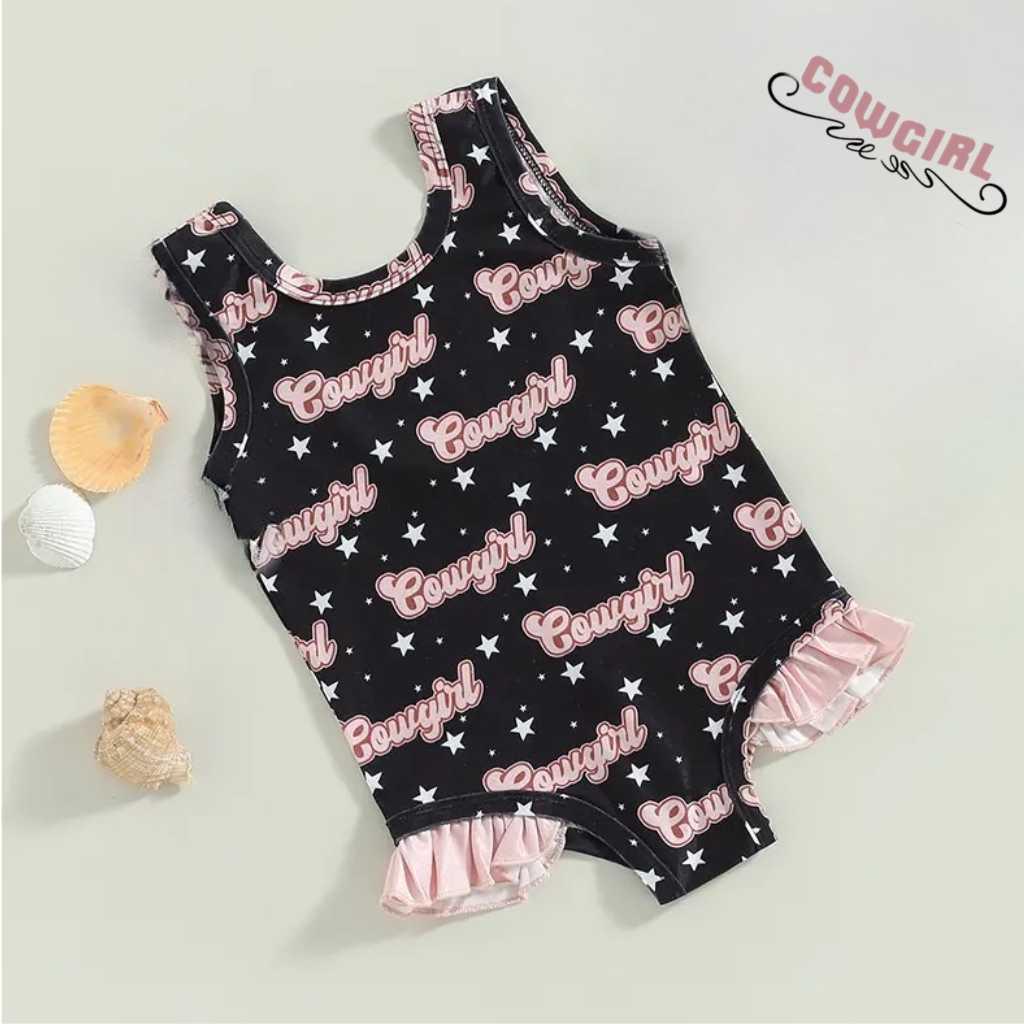 Baby Toddler Girls Pink and Black Ruffled Cowgirl Print Swimsuit Bling Bling Baby Boutique