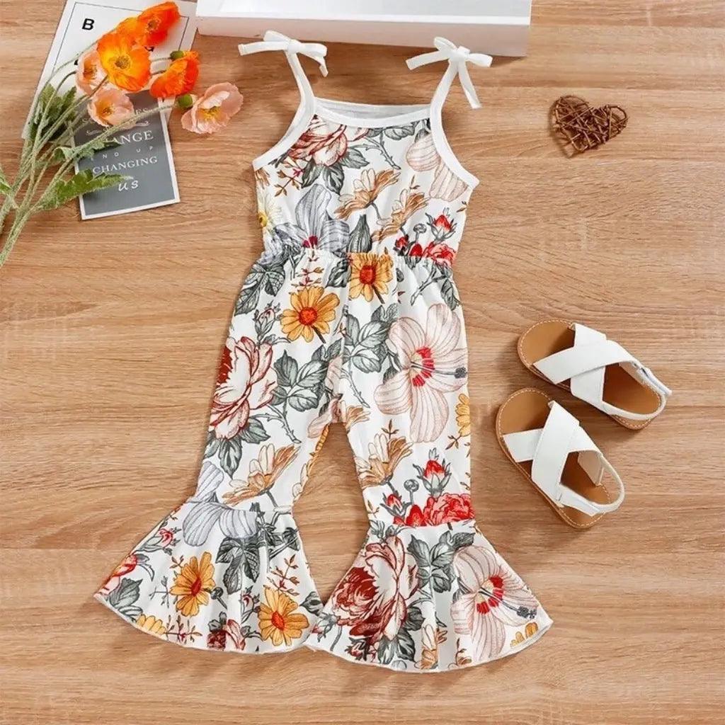 Baby Toddler Girls Sleeveless Floral Print Flared Bell Bottom Jumpsuit Bling Bling Baby Boutique