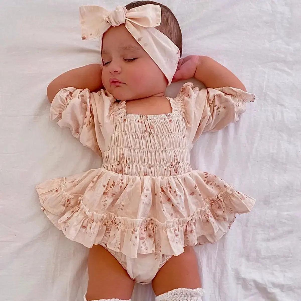 Baby Toddler Girls Summer Floral Romper Set Puff Sleeves and Headband Bling Bling Baby Boutique
