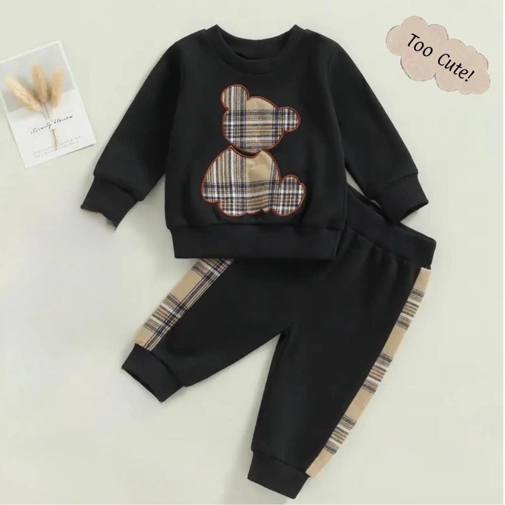 Boys Long Sleeve Plaid Teddy Bear Sweatshirt and Jogger Set Bling Bling Baby Boutique