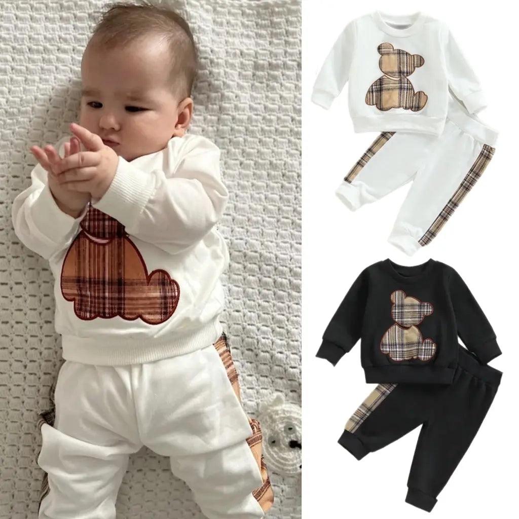 Boys Long Sleeve Plaid Teddy Bear Sweatshirt and Jogger Set Bling Bling Baby Boutique