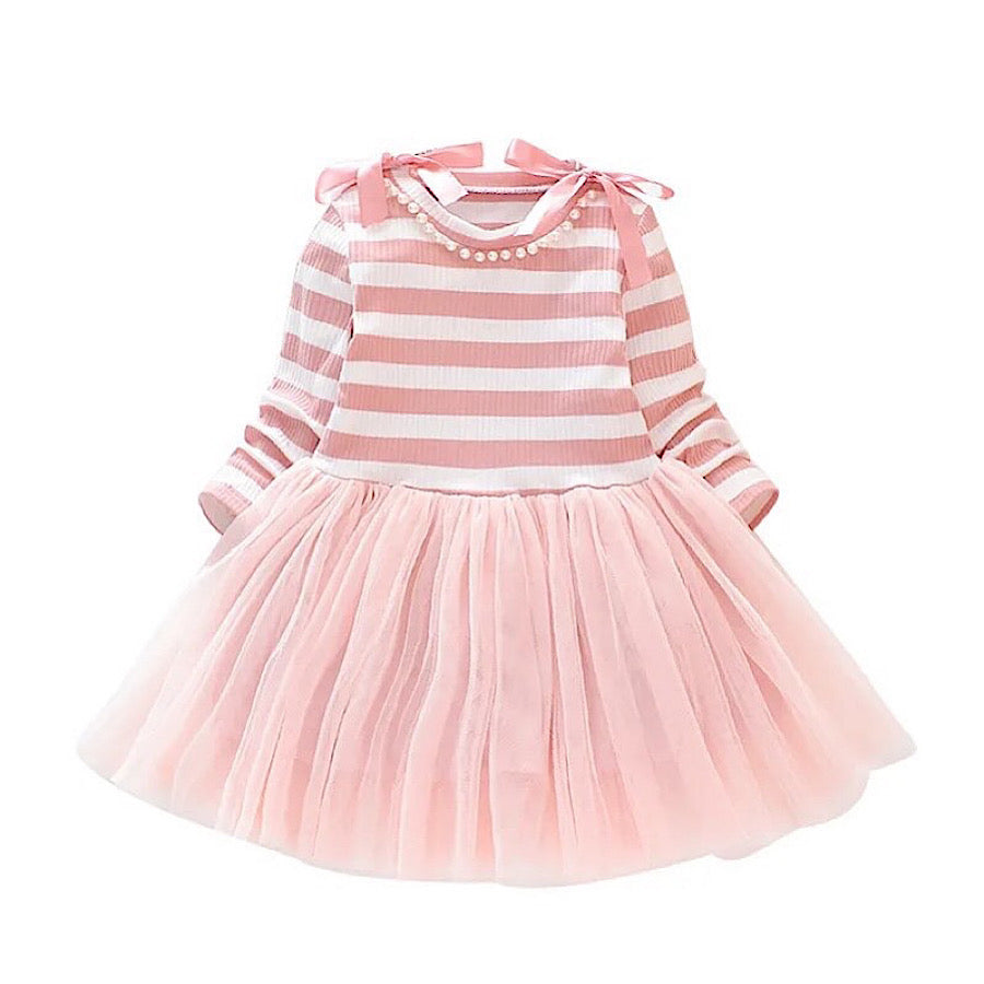 Baby Toddler Girls Pink Striped Pearl and Bow Trim Princess Tutu Dress, Front