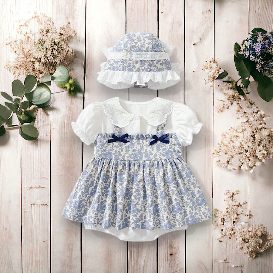 Baby Girls Floral Print Lace Blue and White Romper and Hat Set, Front