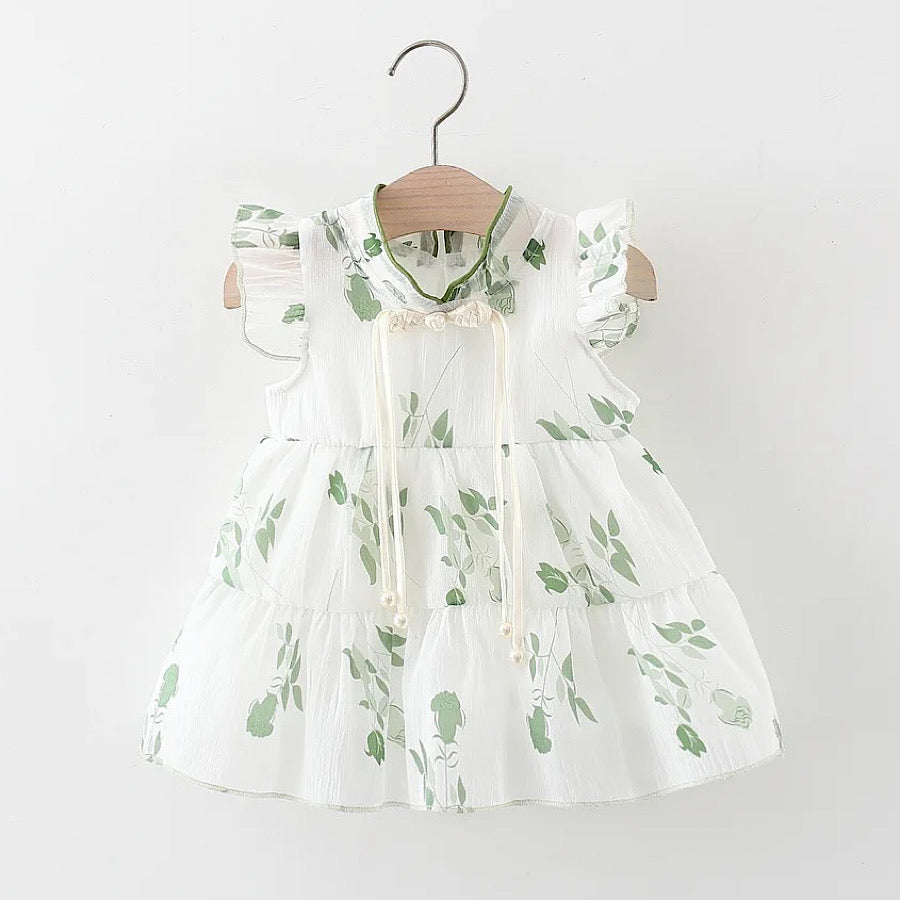 Baby and Toddler Girls Light Green Mesh Floral Print Summer Dress, Front