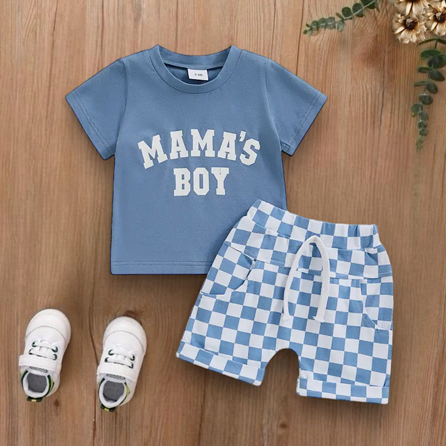 Baby Toddler Boy Summer Mamas Boy Tee and Checker Print Shorts Set, Main Photo