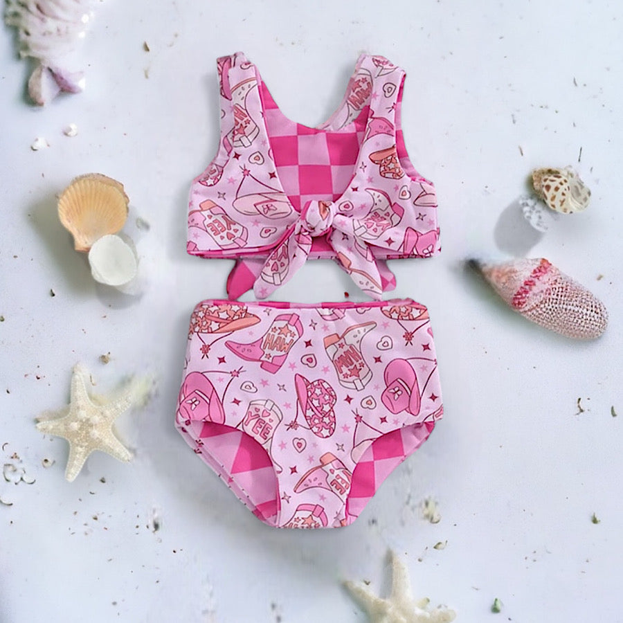 Toddler Girl Pink Western 2PC Bikini Set Bow Knot Tie Top Reversible Set, Color