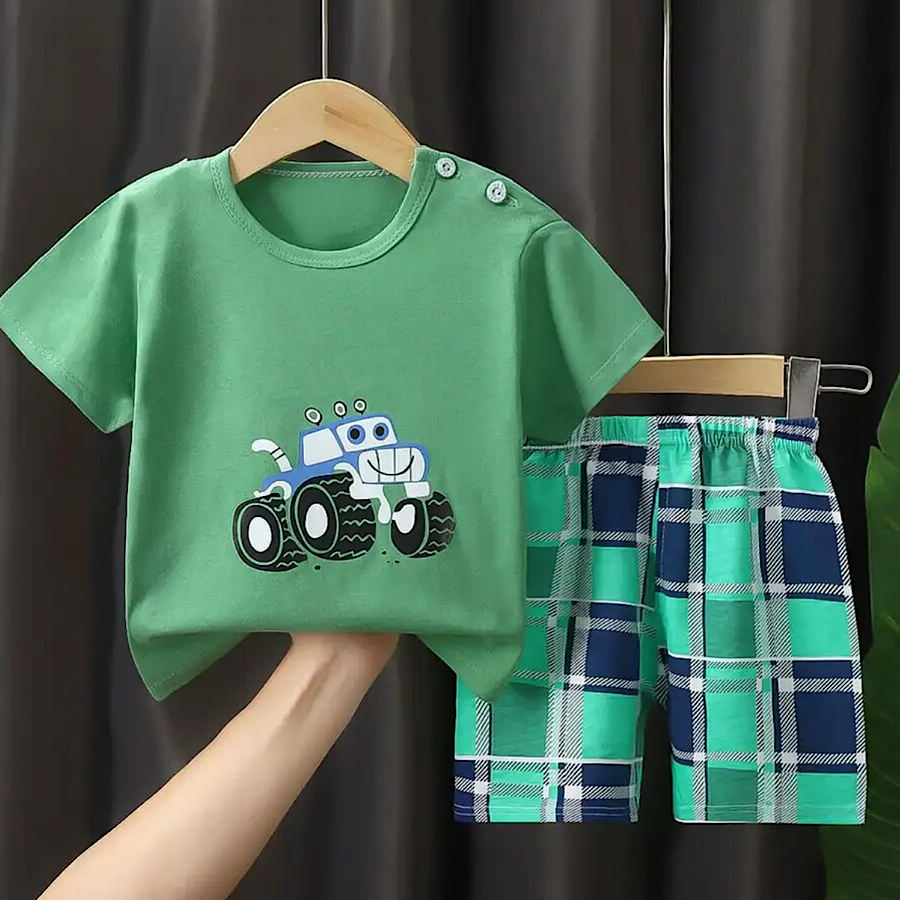 Boys Green Short Sleeve Tractor Print Tee and Checker Print Shorts Set, Front