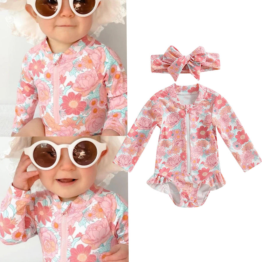 Toddler Girls Floral Rashguard Swimsuit UV+ Long Sleeve Swimsuit, Main Image