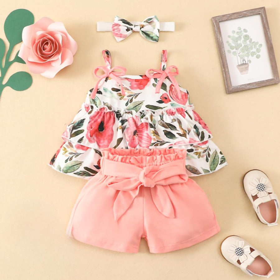 Baby Girls 4pc Set Floral Sleeveless Top Belted Pink Shorts and Bow, Front