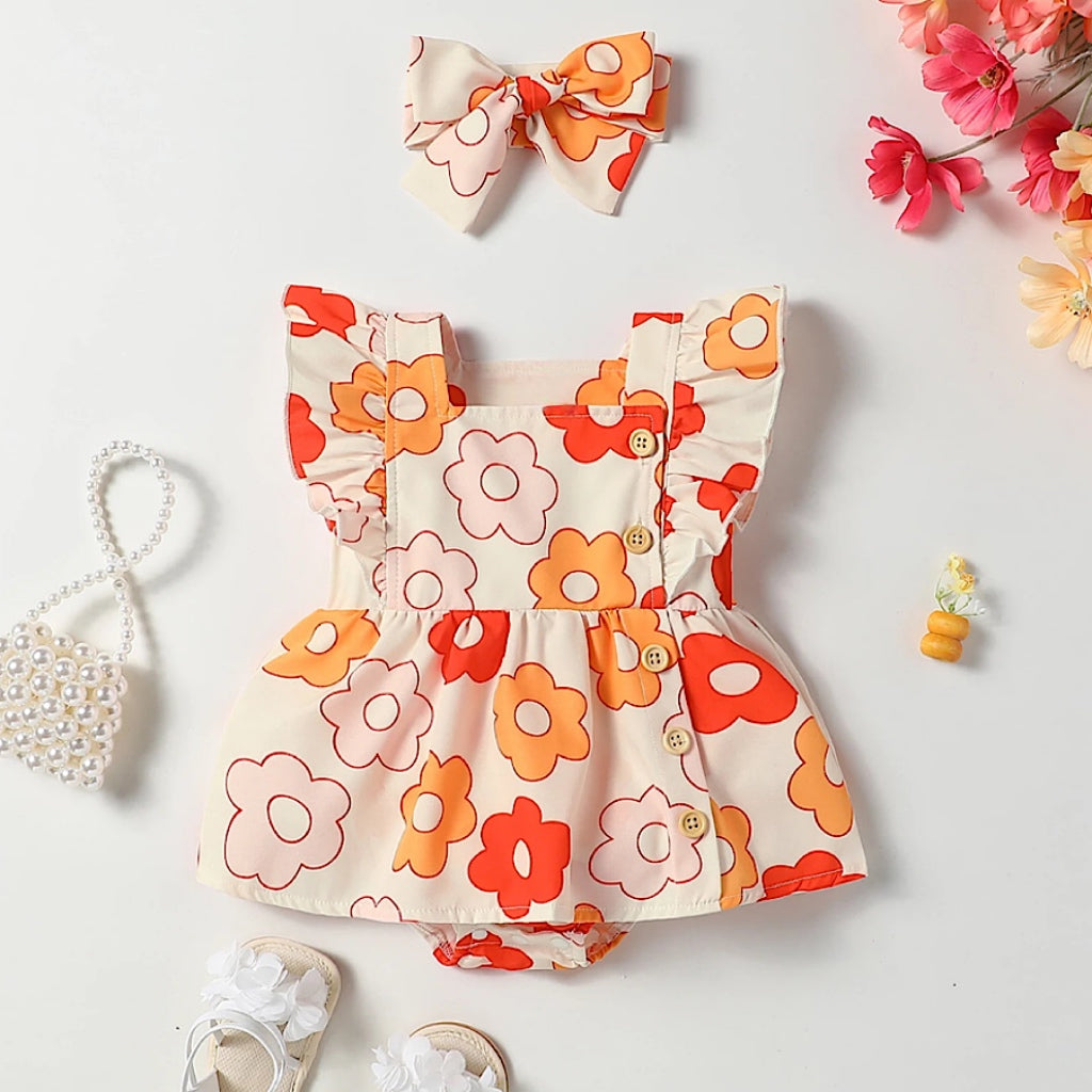 Baby Girl Cream Orange Floral Print Ruffle Short Sleeve Romper and Bow, Front