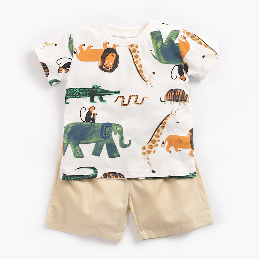 Boys Animal Print Short Sleeve Tee Shirt and Shorts 2PC Clothing Set, Front