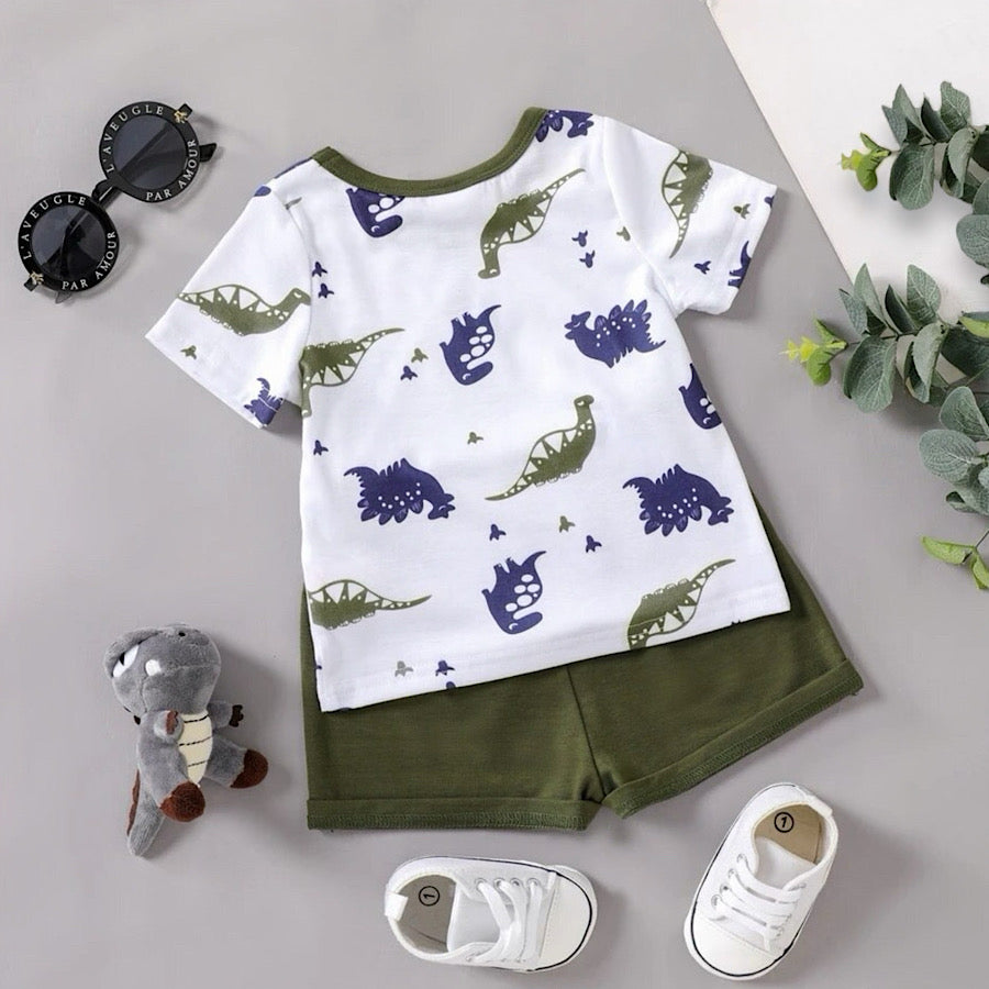 Baby Toddler Boys Dinosaur Print Short-Sleeve Tee and Shorts 2PC Set, Front