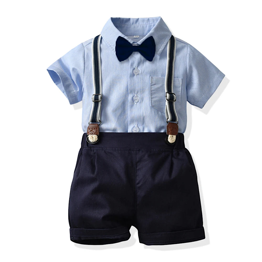 Baby Toddler Boys Suit Suspender Shorts Bowtie Shirt 4PC Set, Color Pink