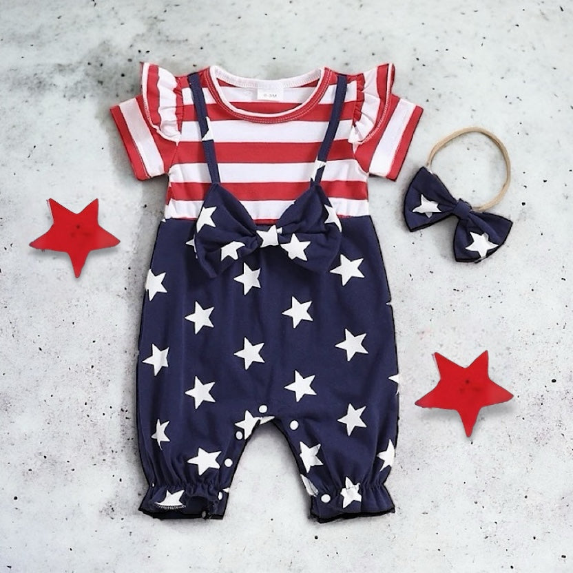 Girls Red White and Blue 4th of July Stars and Stripes Romper and Bow, Front