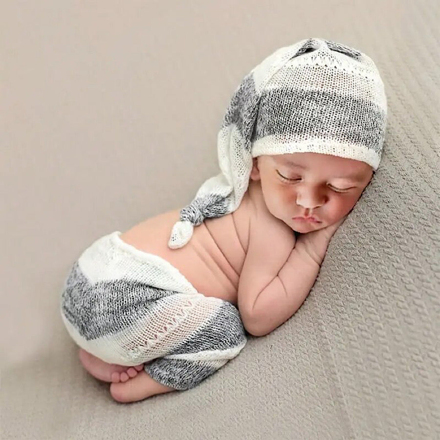 Newborn Boy Photography Gray Striped Pants and Sleepy Knot Hat Set, Model