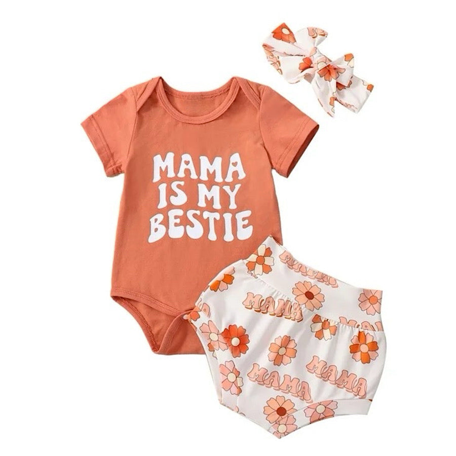 Baby Girls Mama is My Bestie Print Short Sleeve Romper Shorts and Bow, Front