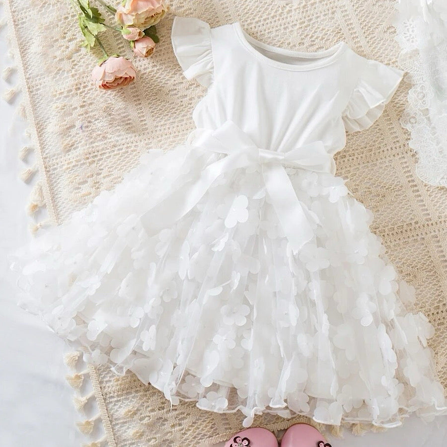Toddler Girls Pink or White Floral Satin Sash Flutter Sleeve Princess Dress, Color Pink