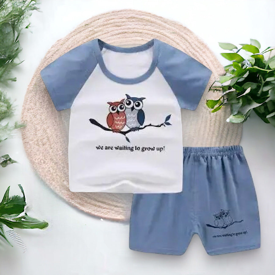 Baby Toddler Boy Owl Print Cotton Short Sleeve Tee and Blue Shorts Set, Color