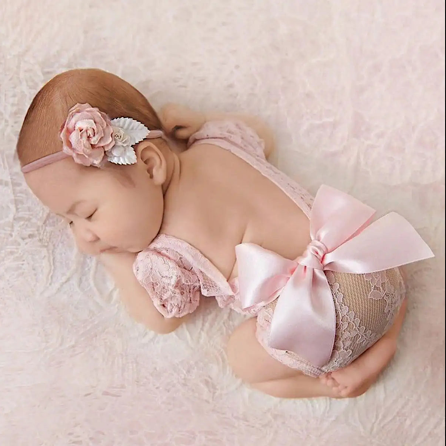 Newborn Baby Girls Pink Photoshoot Outfit Big Bow Lace Romper, Color