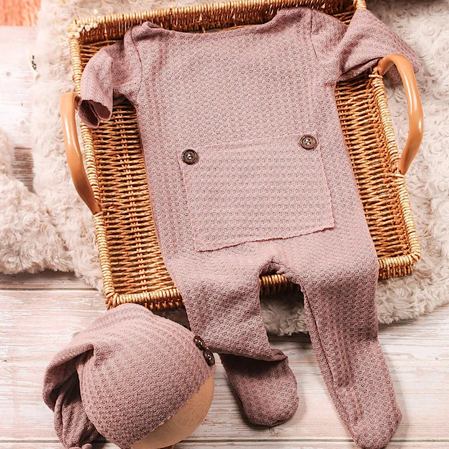 Newborn Baby Girl Dusty Pink Footie Romper and Hat Photo Prop Outfit, Main Image