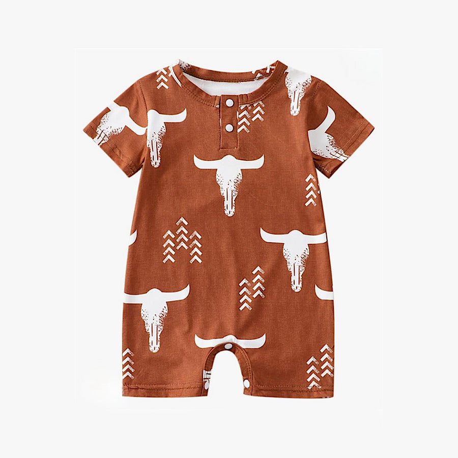 Baby Boy Western Romper Short Sleeve Cow Bull Head Jumpsuit Summer, Front